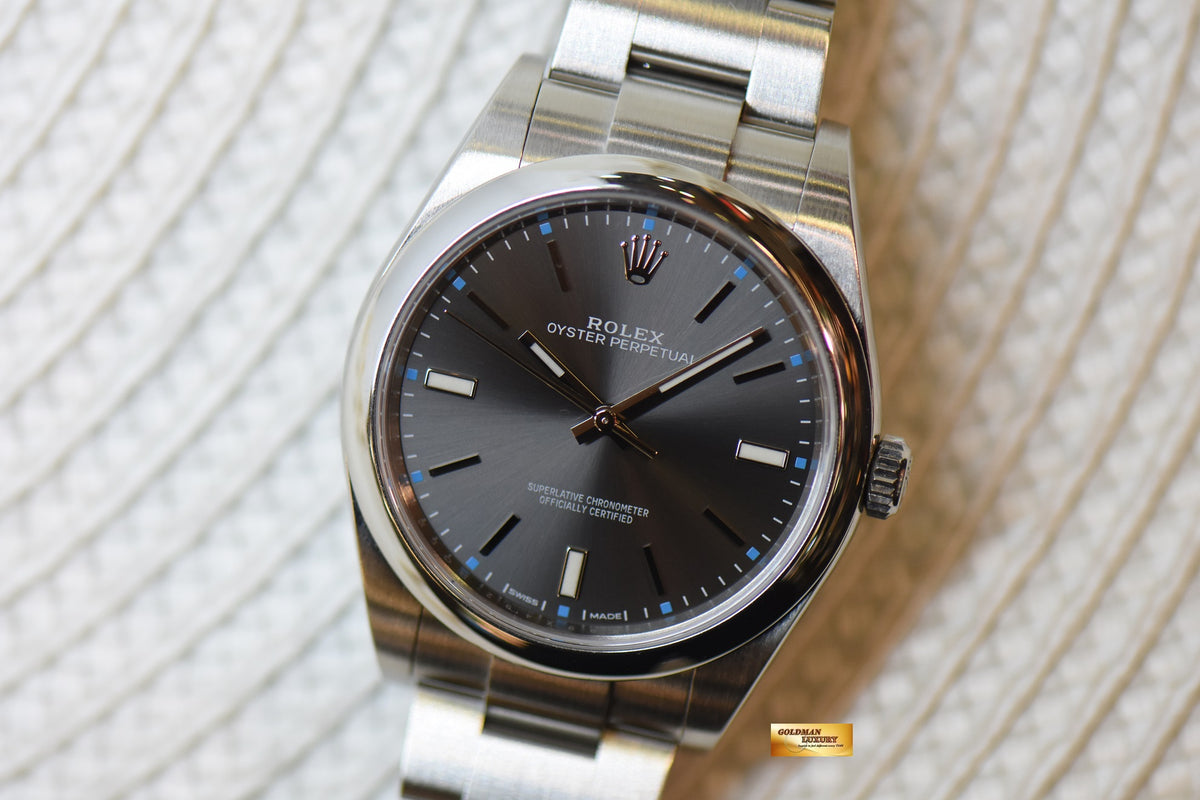 [SOLD] ROLEX OYSTER PERPETUAL 39mm STEEL IN OYSTER BRACELET DARK RHODIUM DIAL 114300 (MINT)