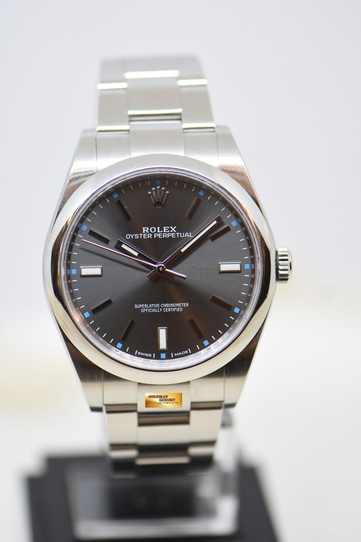 [SOLD] ROLEX OYSTER PERPETUAL 39mm STEEL IN OYSTER BRACELET DARK RHODIUM DIAL 114300 (MINT)