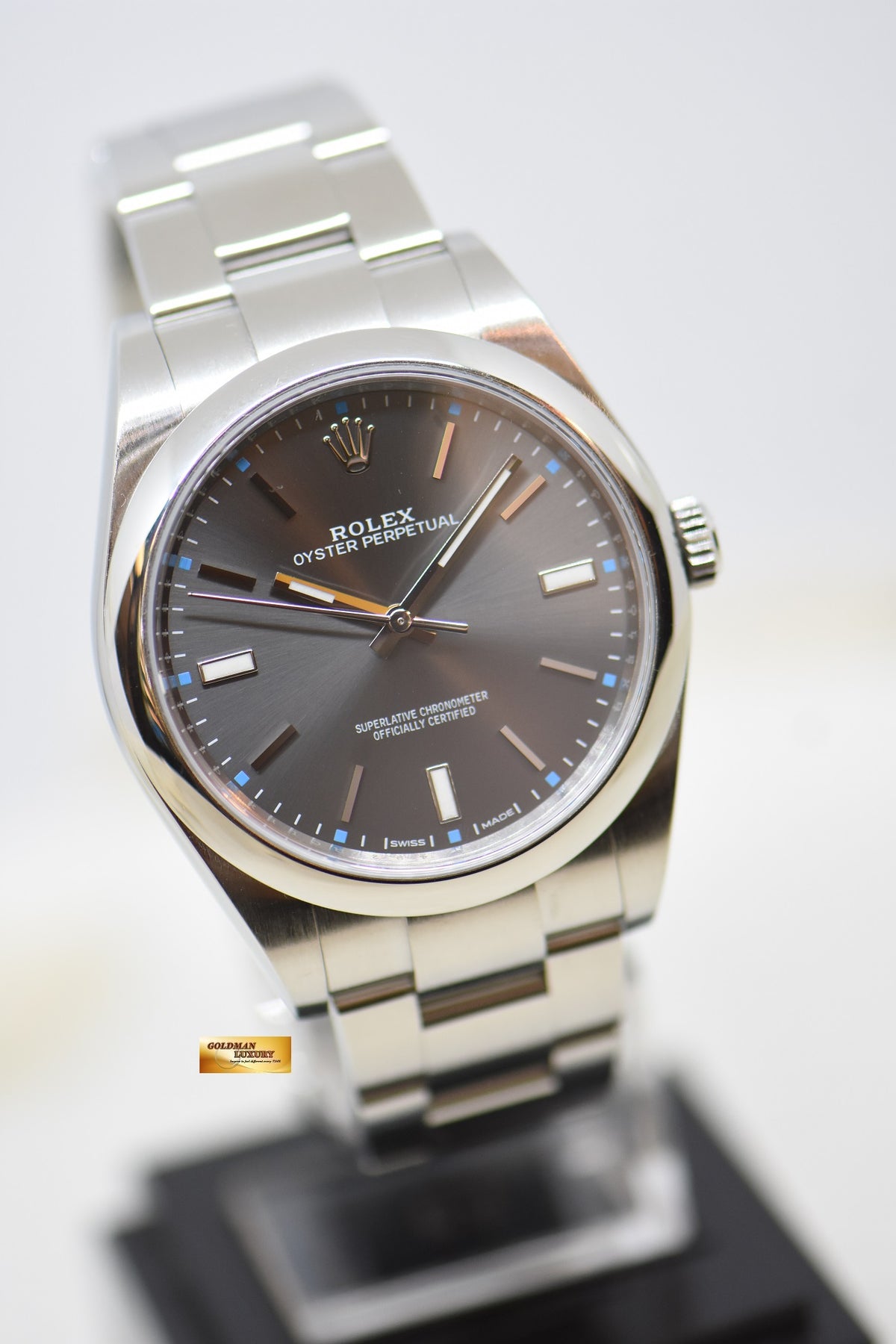 [SOLD] ROLEX OYSTER PERPETUAL 39mm STEEL IN OYSTER BRACELET DARK RHODIUM DIAL 114300 (MINT)