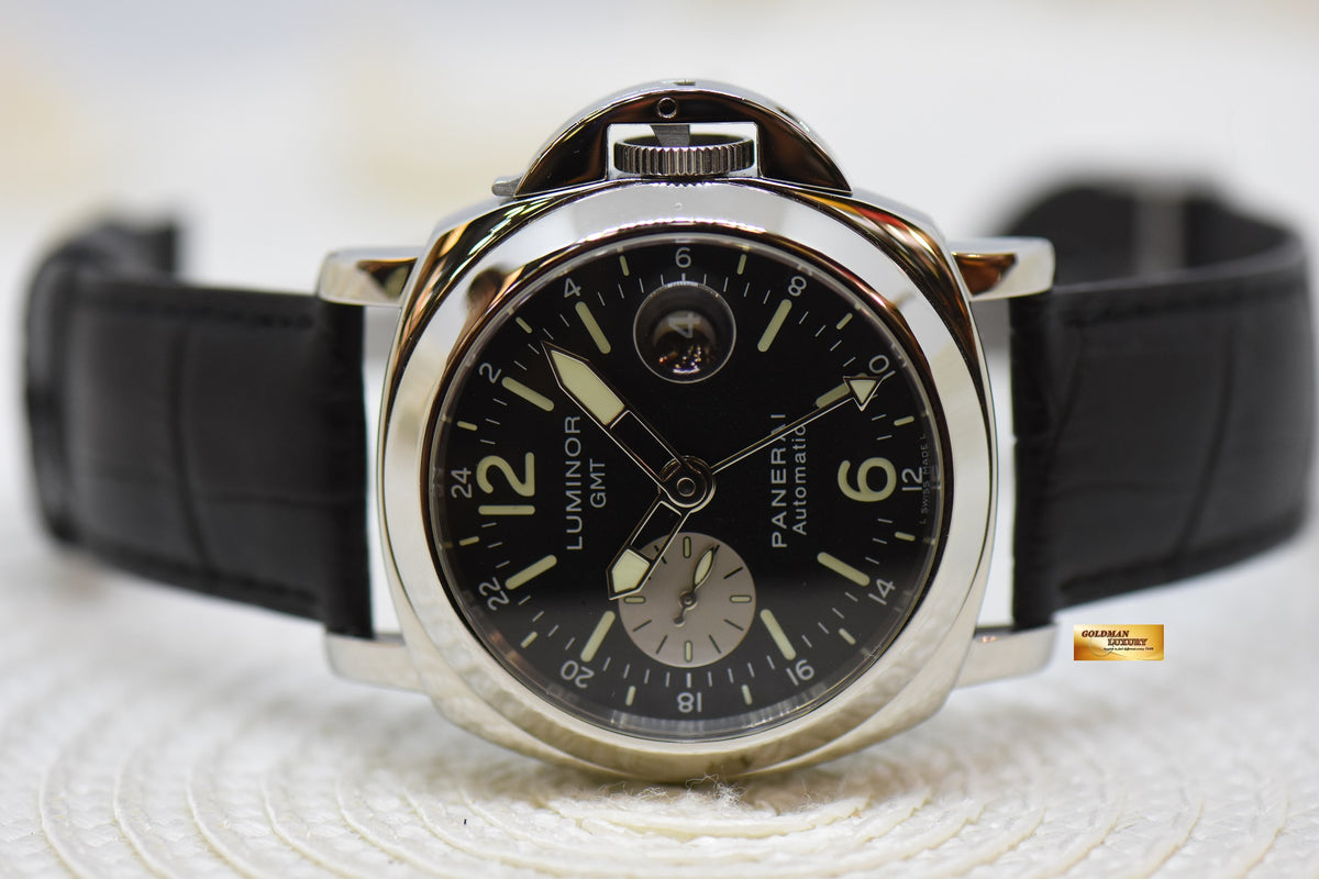 [SOLD] PANERAI LUMINOR GMT 44mm STEEL IN LEATHER BLACK DIAL AUTOMATIC PAM 88 (MINT)
