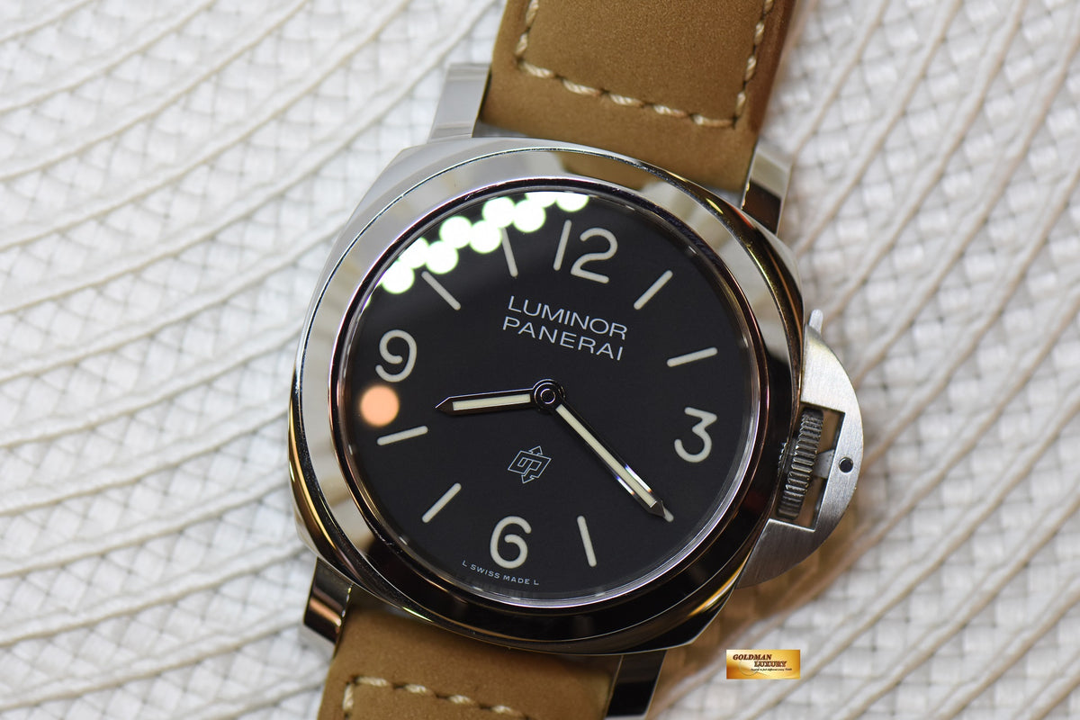 [SOLD] PANERAI LUMINOR BASE 44mm STEEL IN LEATHER BLACK 369 DIAL MANUAL WINDING PAM 1086 (LNIB)