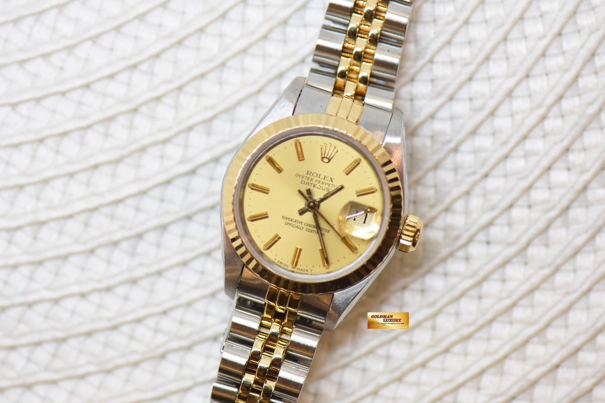 [SOLD] ROLEX OYSTER DATEJUST 26mm HALF-GOLD IN JUBILEE BRACELET GOLD DIAL 69173 (MINT)