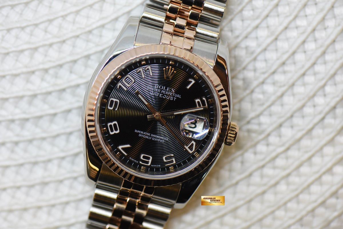 [SOLD] ROLEX OYSTER DATEJUST 36mm BLACK CONCENTRIC DIAL EVEROSE-GOLD / STEEL IN JUBILEE BRACELET 116231 (MINT)