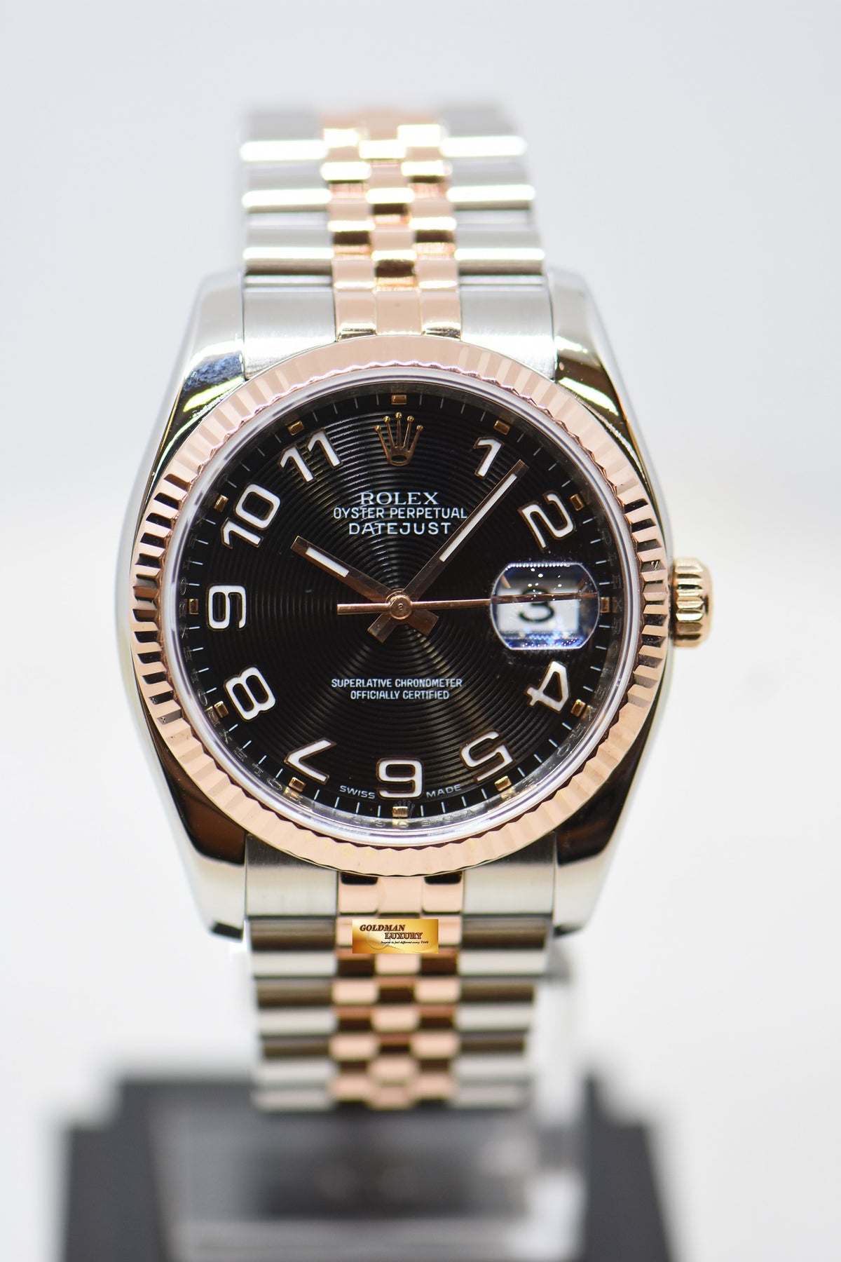 [SOLD] ROLEX OYSTER DATEJUST 36mm BLACK CONCENTRIC DIAL EVEROSE-GOLD / STEEL IN JUBILEE BRACELET 116231 (MINT)