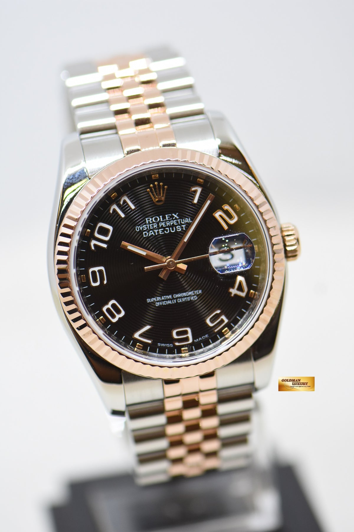 [SOLD] ROLEX OYSTER DATEJUST 36mm BLACK CONCENTRIC DIAL EVEROSE-GOLD / STEEL IN JUBILEE BRACELET 116231 (MINT)
