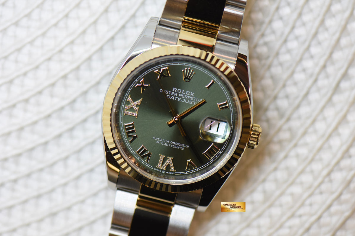 [SOLD] ROLEX OYSTER DATEJUST 36mm HALF-GOLD OYSTER BRACELET OLIVE GREEN ROMAN DIAL w/DIAMOND VI, IX AUTOMATIC 126233 (LNIB)
