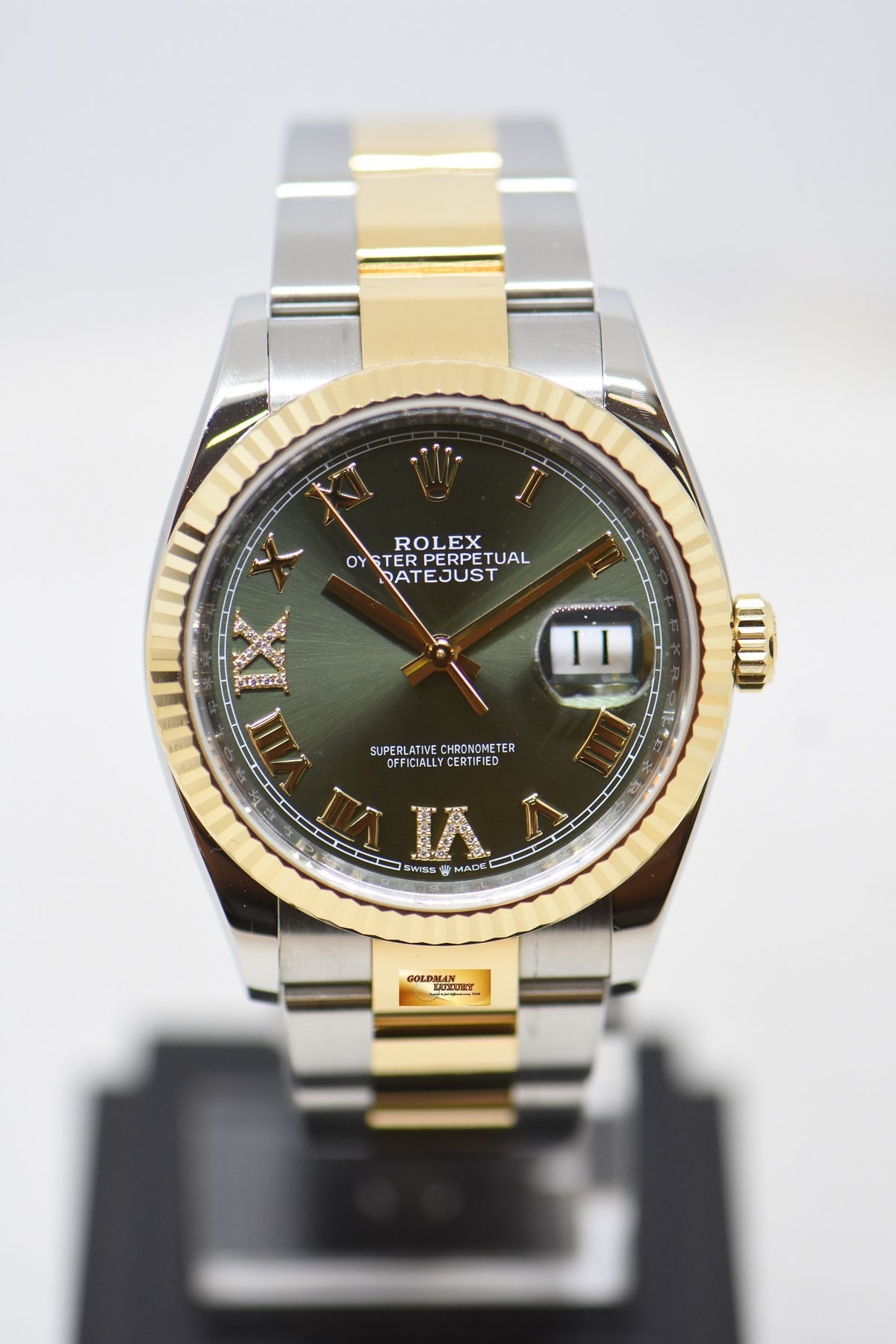 [SOLD] ROLEX OYSTER DATEJUST 36mm HALF-GOLD OYSTER BRACELET OLIVE GREEN ROMAN DIAL w/DIAMOND VI, IX AUTOMATIC 126233 (LNIB)
