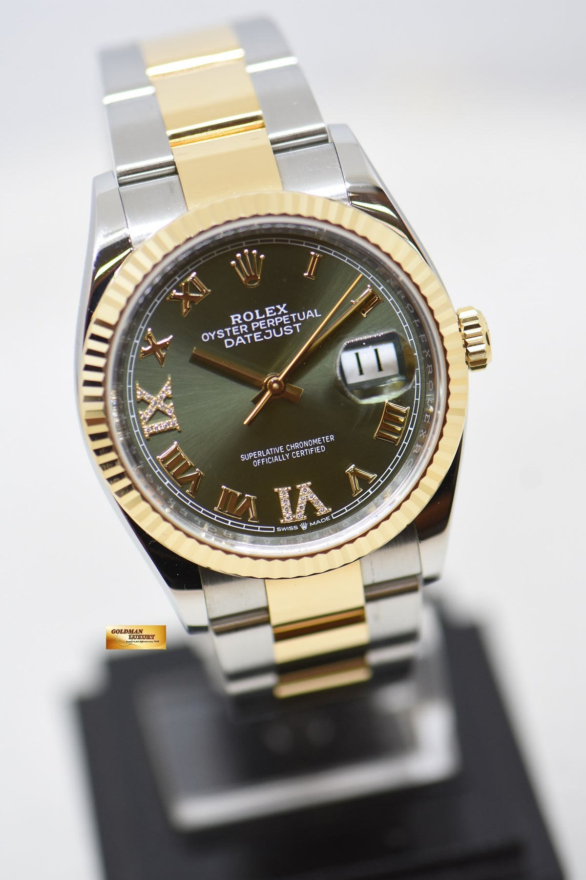 [SOLD] ROLEX OYSTER DATEJUST 36mm HALF-GOLD OYSTER BRACELET OLIVE GREEN ROMAN DIAL w/DIAMOND VI, IX AUTOMATIC 126233 (LNIB)