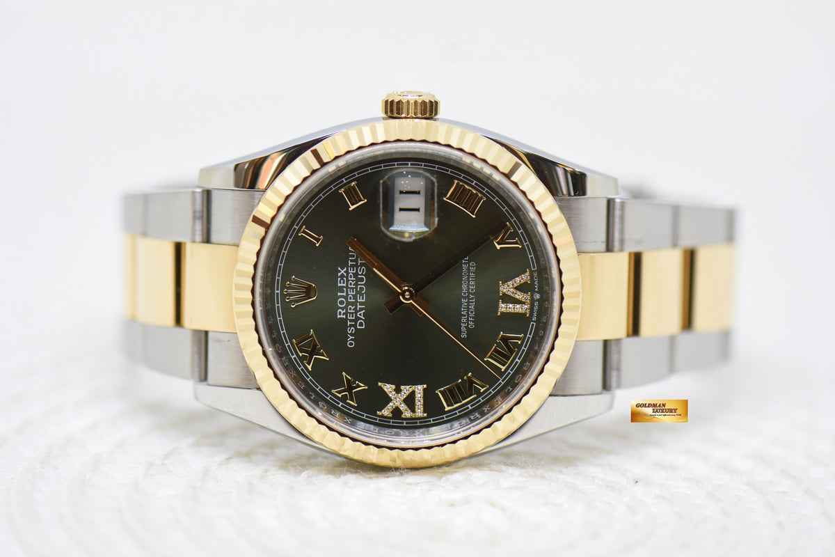 [SOLD] ROLEX OYSTER DATEJUST 36mm HALF-GOLD OYSTER BRACELET OLIVE GREEN ROMAN DIAL w/DIAMOND VI, IX AUTOMATIC 126233 (LNIB)