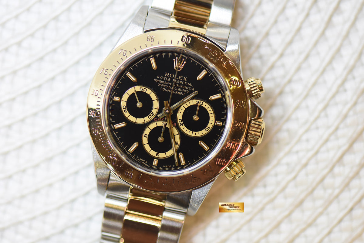 [SOLD] ROLEX OYSTER DAYTONA ZENITH MVT CHRONOGRAPH 40mm HALF-GOLD IN OYSTER BRACELET BLACK DIAL 16523 (NEAR MINT)