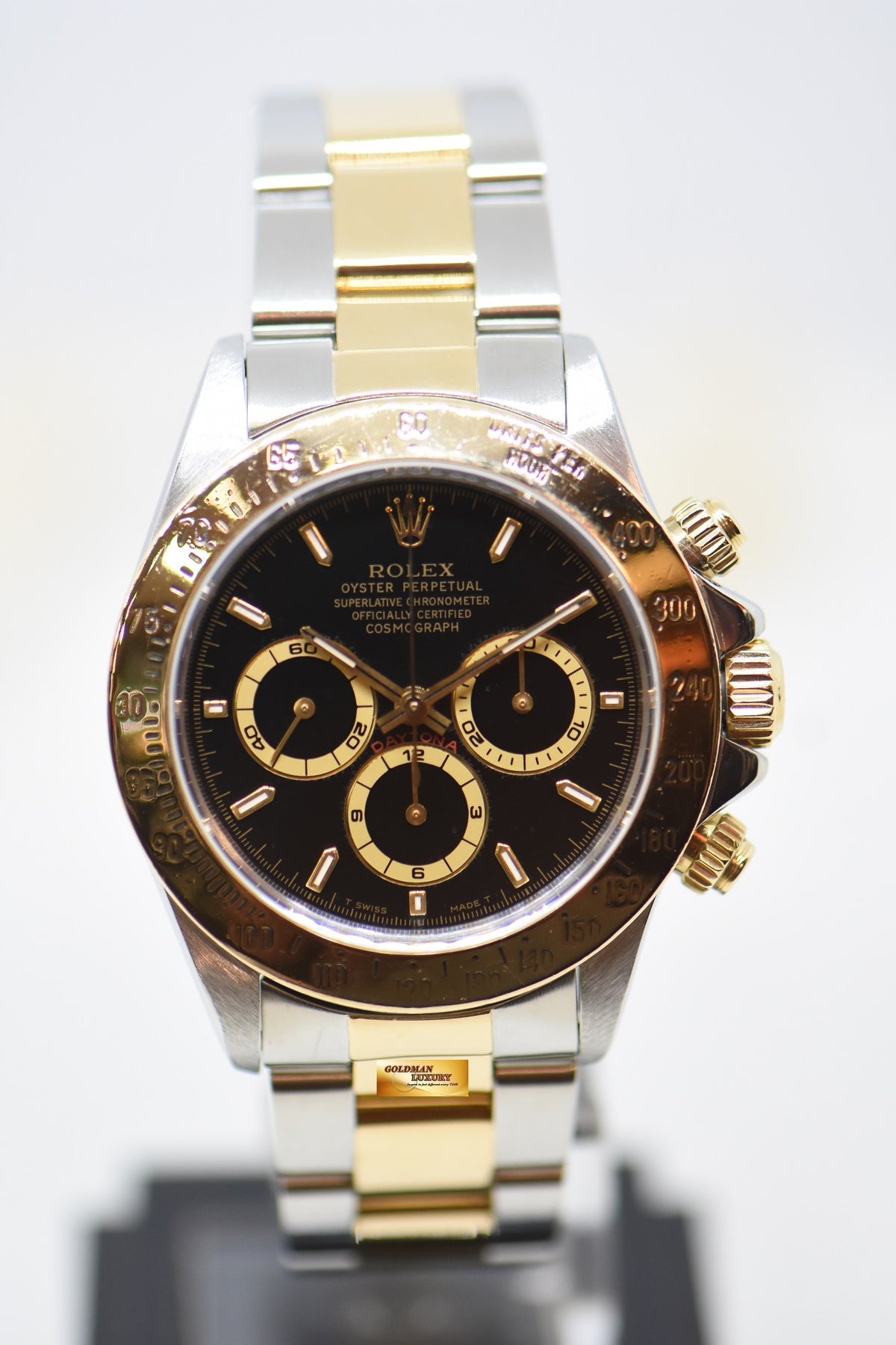 [SOLD] ROLEX OYSTER DAYTONA ZENITH MVT CHRONOGRAPH 40mm HALF-GOLD IN OYSTER BRACELET BLACK DIAL 16523 (NEAR MINT)