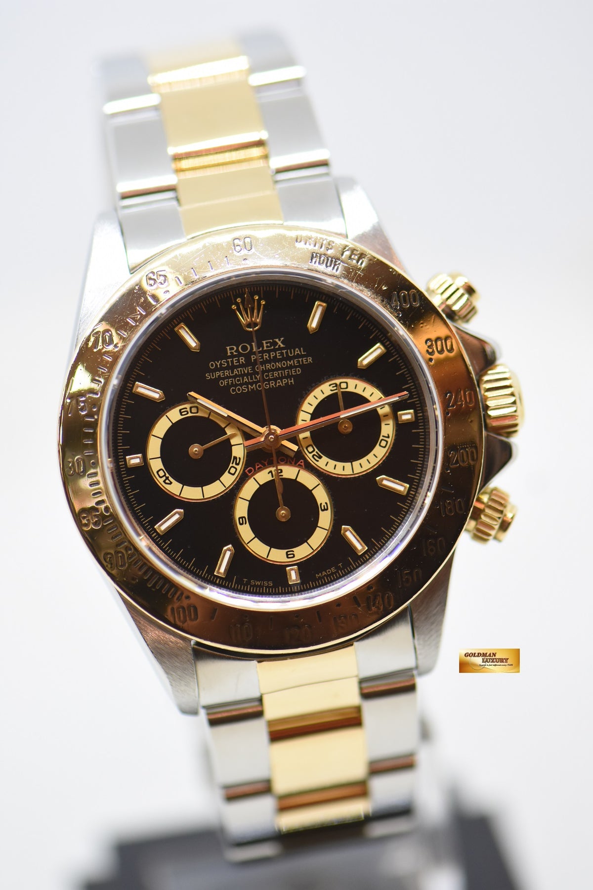 [SOLD] ROLEX OYSTER DAYTONA ZENITH MVT CHRONOGRAPH 40mm HALF-GOLD IN OYSTER BRACELET BLACK DIAL 16523 (NEAR MINT)