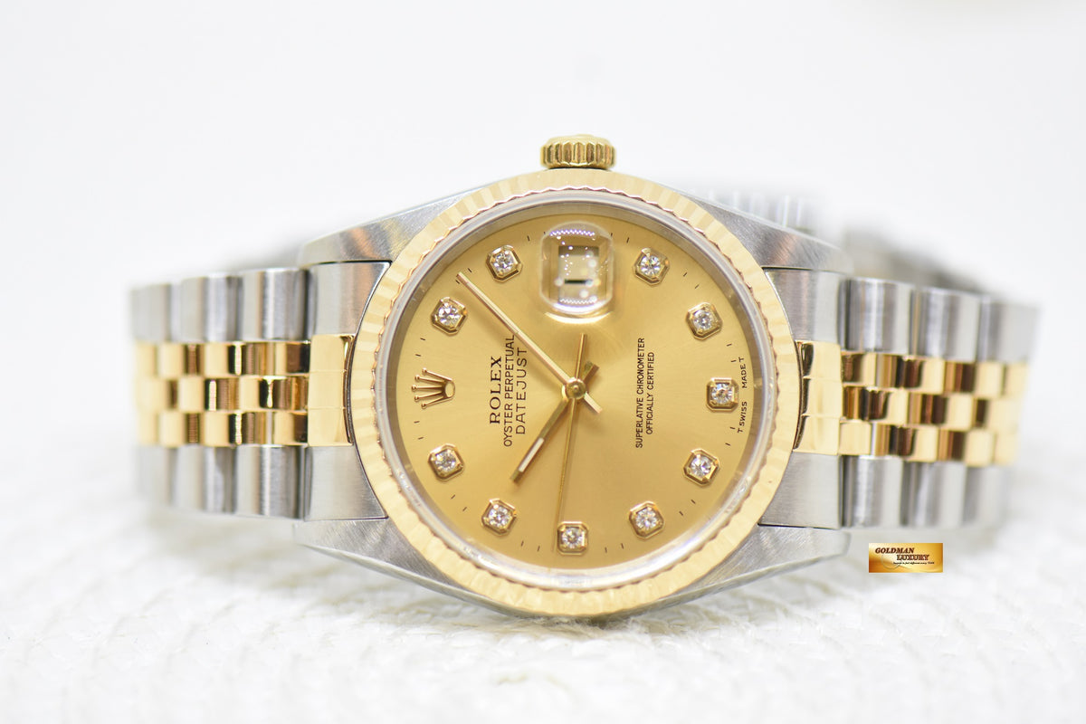 [SOLD] ROLEX OYSTER DATEJUST 36mm HALF-GOLD IN JUBILEE BRACELET GOLD DIAMOND DIAL 16233 (MINT)