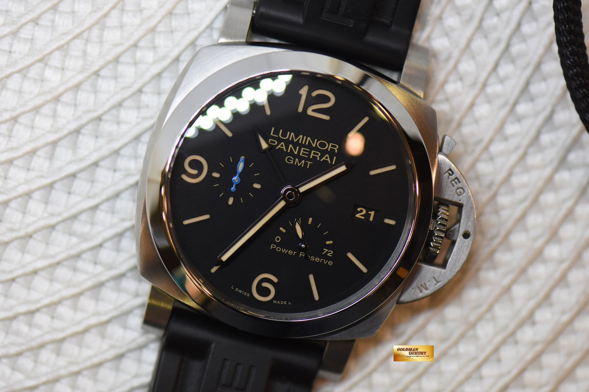 [SOLD] PANERAI LUMINOR 1950 GMT POWER RESERVE 44mm STEEL IN RUBBER STRAP AUTOMATIC BLACK PAM 1321 (MINT)
