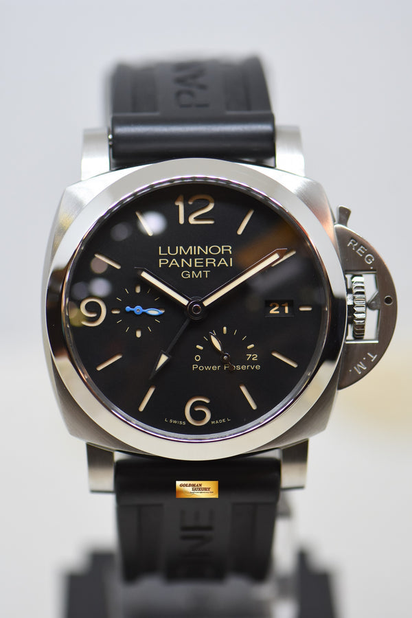 [SOLD] PANERAI LUMINOR 1950 GMT POWER RESERVE 44mm STEEL IN RUBBER STRAP AUTOMATIC BLACK PAM 1321 (MINT)