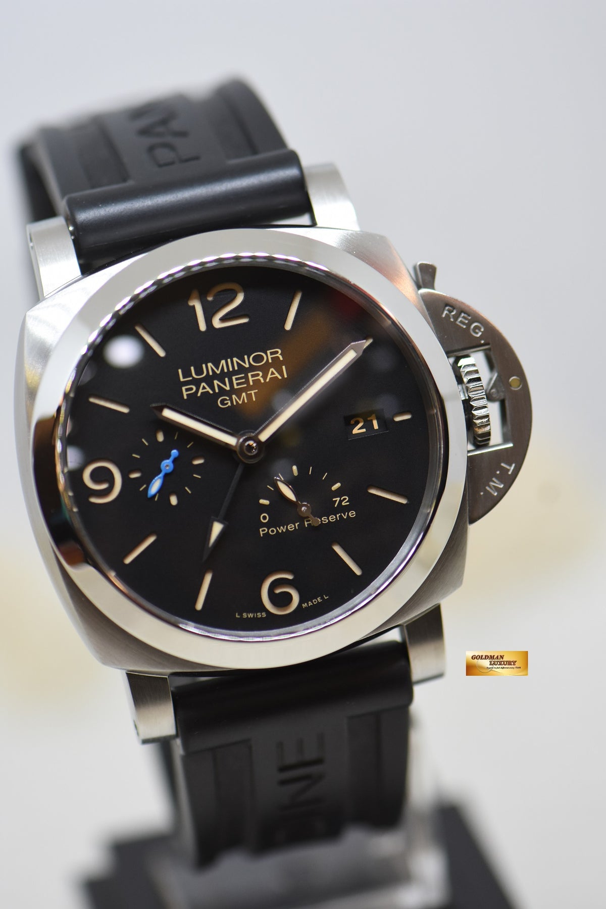 [SOLD] PANERAI LUMINOR 1950 GMT POWER RESERVE 44mm STEEL IN RUBBER STRAP AUTOMATIC BLACK PAM 1321 (MINT)