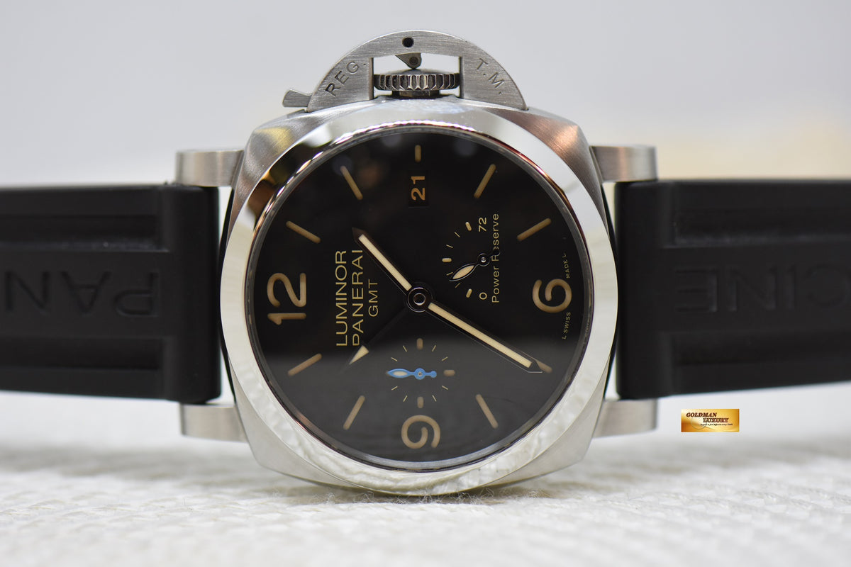 [SOLD] PANERAI LUMINOR 1950 GMT POWER RESERVE 44mm STEEL IN RUBBER STRAP AUTOMATIC BLACK PAM 1321 (MINT)