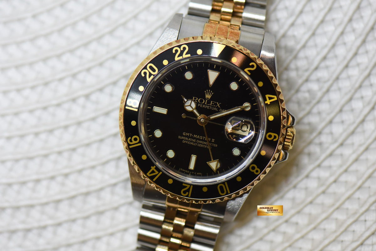 [SOLD] ROLEX OYSTER PERPETUAL GMT-MASTER II 40mm HALF-GOLD JUBILEE BRACELET BLACK TRITIUM DIAL 16713 (NEO-VINTAGE)