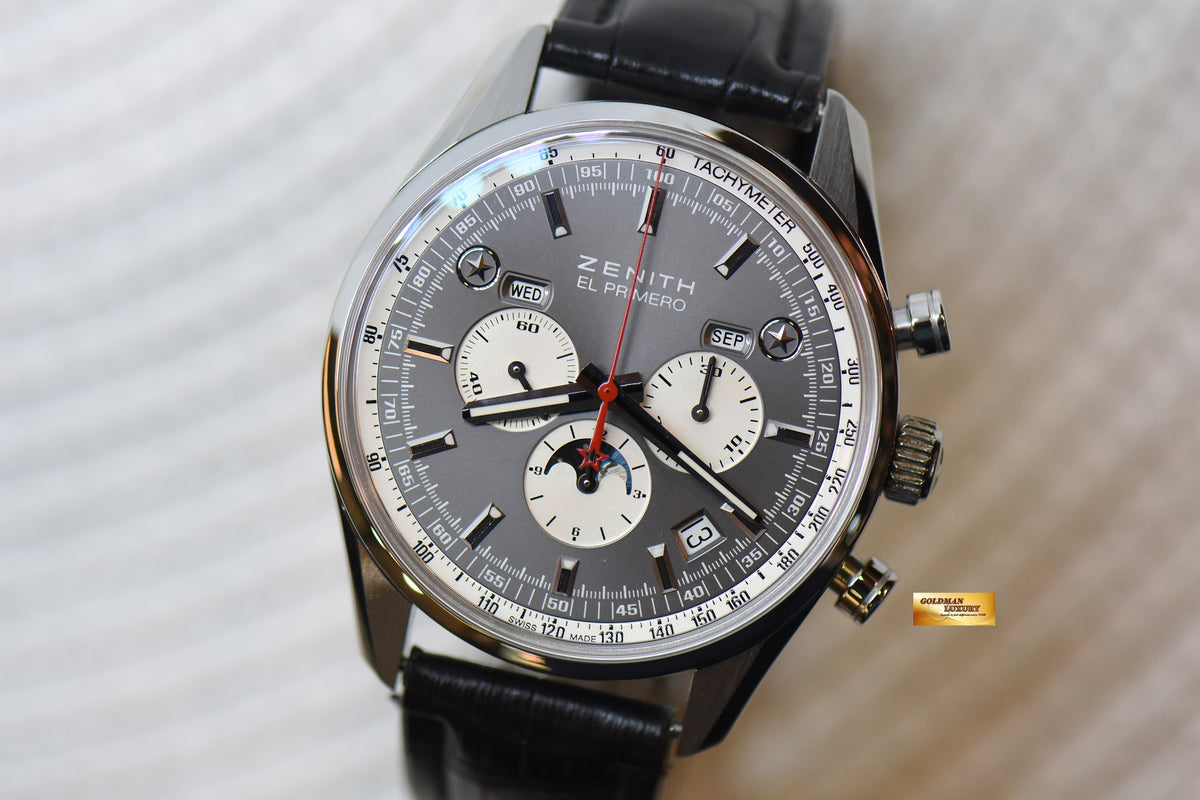 [SOLD] ZENITH CHRONOMASTER EL PRIMERO 410 COMPLETE CALENDAR MOONPHASE STEEL IN LEATHER STRAP AUTOMATIC 03.2092.410 (MINT)