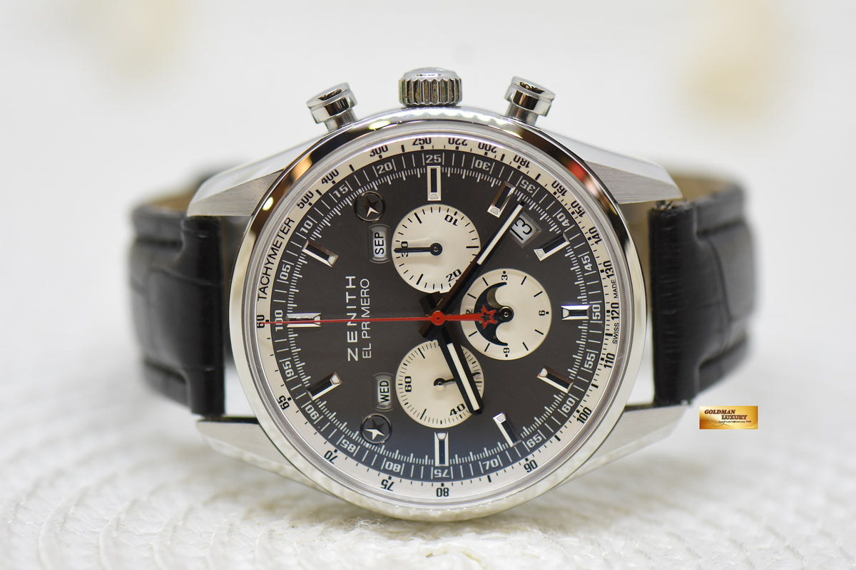 [SOLD] ZENITH CHRONOMASTER EL PRIMERO 410 COMPLETE CALENDAR MOONPHASE STEEL IN LEATHER STRAP AUTOMATIC 03.2092.410 (MINT)