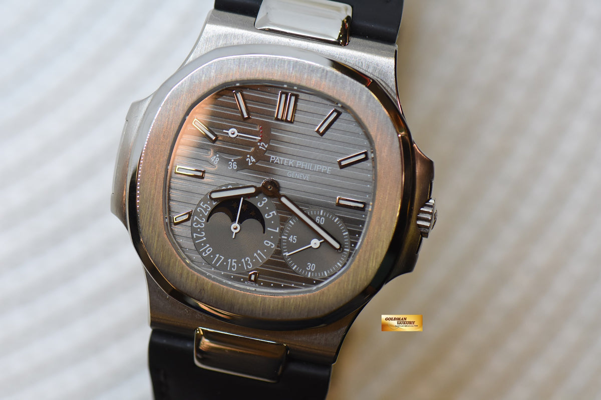 [SOLD] PATEK PHILIPPE NAUTILUS 18K WHITE GOLD IN LEATHER STRAP POWER RESERVE MOONPHASE 5712G (MINT)