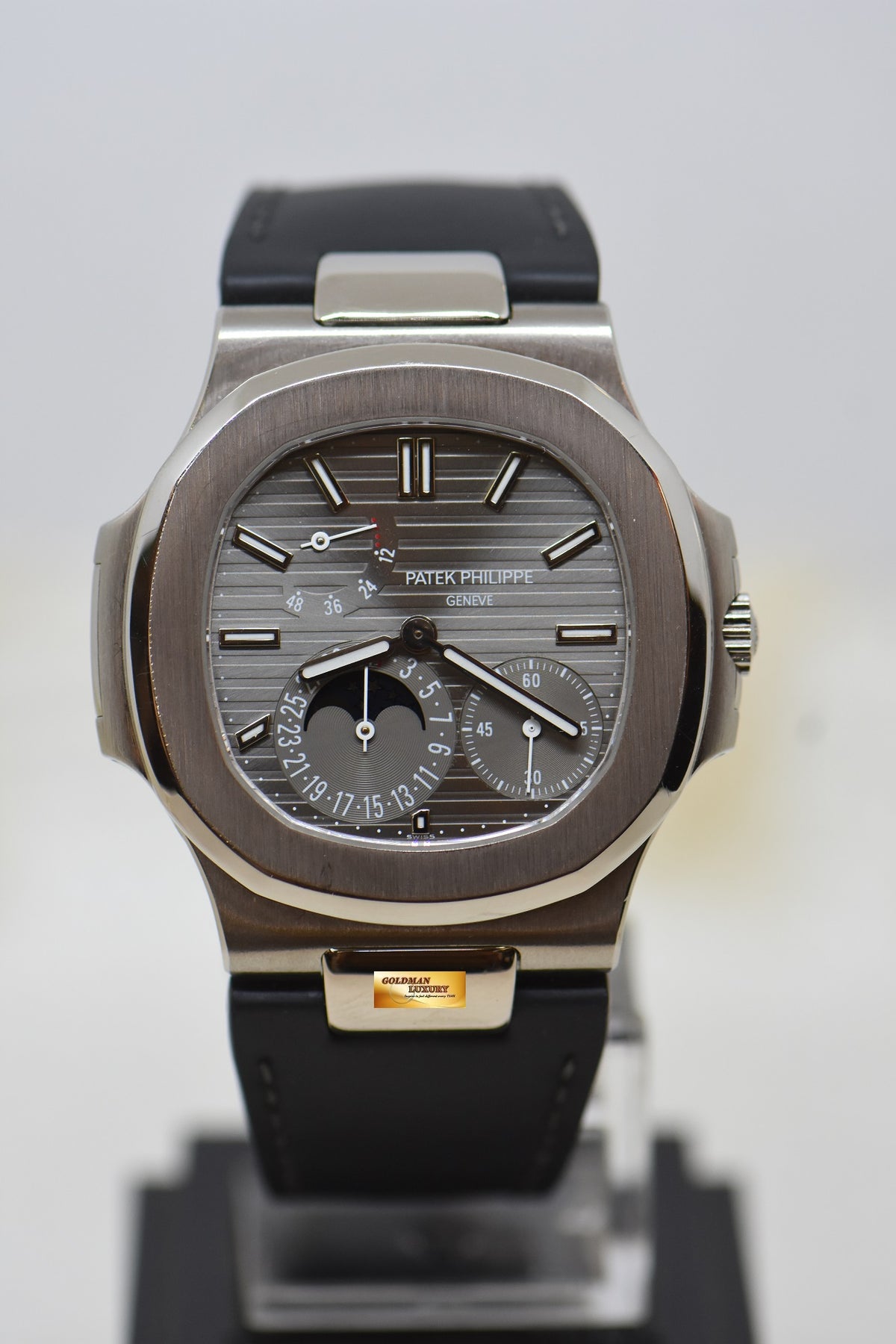 [SOLD] PATEK PHILIPPE NAUTILUS 18K WHITE GOLD IN LEATHER STRAP POWER RESERVE MOONPHASE 5712G (MINT)