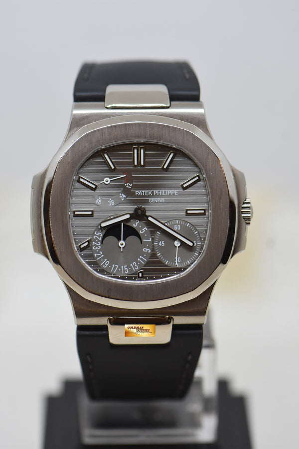 [SOLD] PATEK PHILIPPE NAUTILUS 18K WHITE GOLD IN LEATHER STRAP POWER RESERVE MOONPHASE 5712G (MINT)