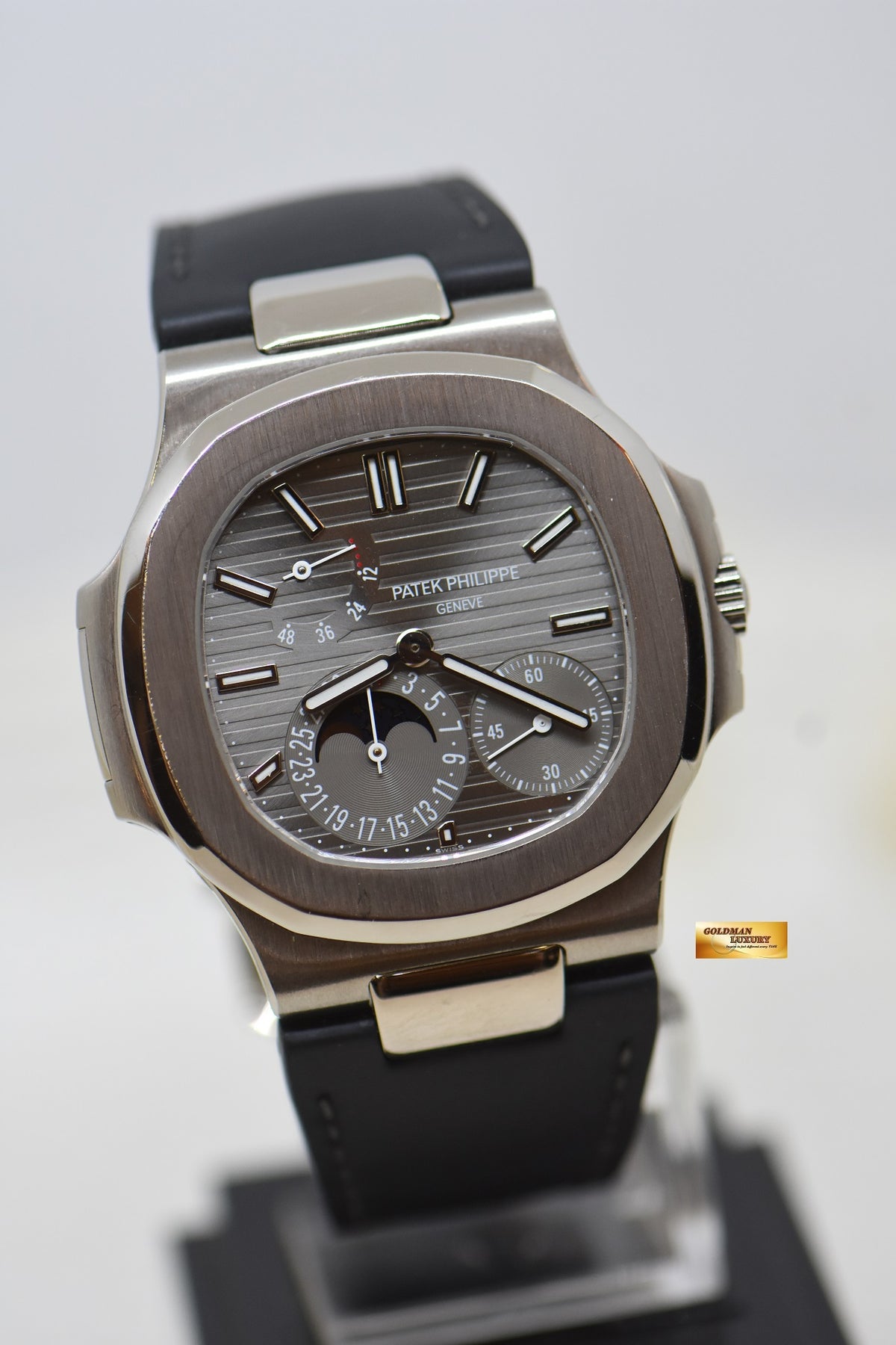[SOLD] PATEK PHILIPPE NAUTILUS 18K WHITE GOLD IN LEATHER STRAP POWER RESERVE MOONPHASE 5712G (MINT)