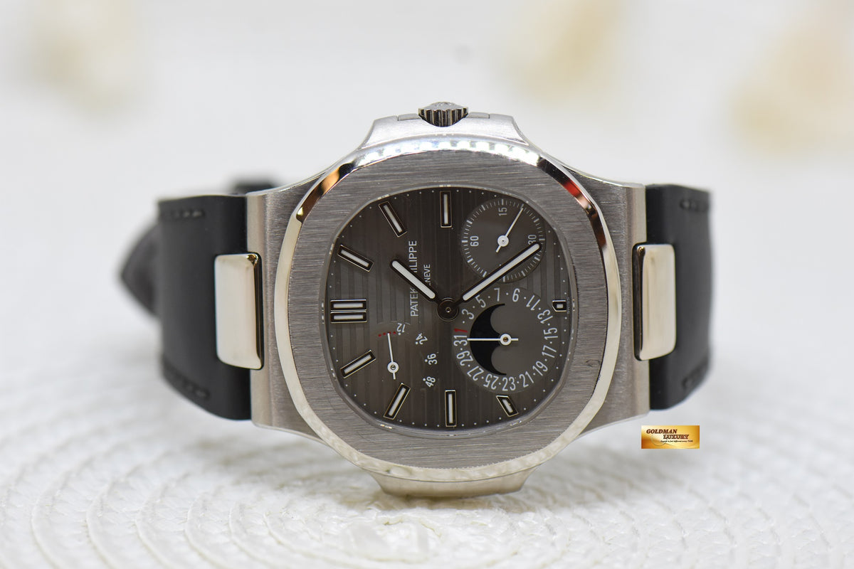 [SOLD] PATEK PHILIPPE NAUTILUS 18K WHITE GOLD IN LEATHER STRAP POWER RESERVE MOONPHASE 5712G (MINT)