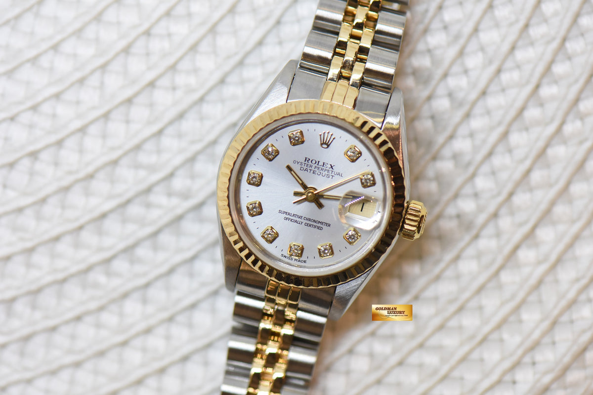 [SOLD] ROLEX OYSTER DATEJUST 26mm HALF-GOLD IN JUBILEE BRACELET SILVER DIAMOND DIAL 69173 (MINT)