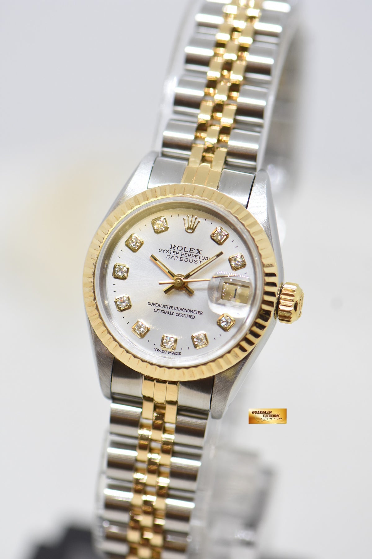 [SOLD] ROLEX OYSTER DATEJUST 26mm HALF-GOLD IN JUBILEE BRACELET SILVER DIAMOND DIAL 69173 (MINT)
