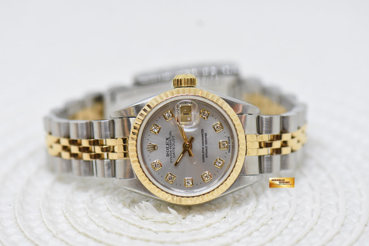 [SOLD] ROLEX OYSTER DATEJUST 26mm HALF-GOLD IN JUBILEE BRACELET SILVER DIAMOND DIAL 69173 (MINT)
