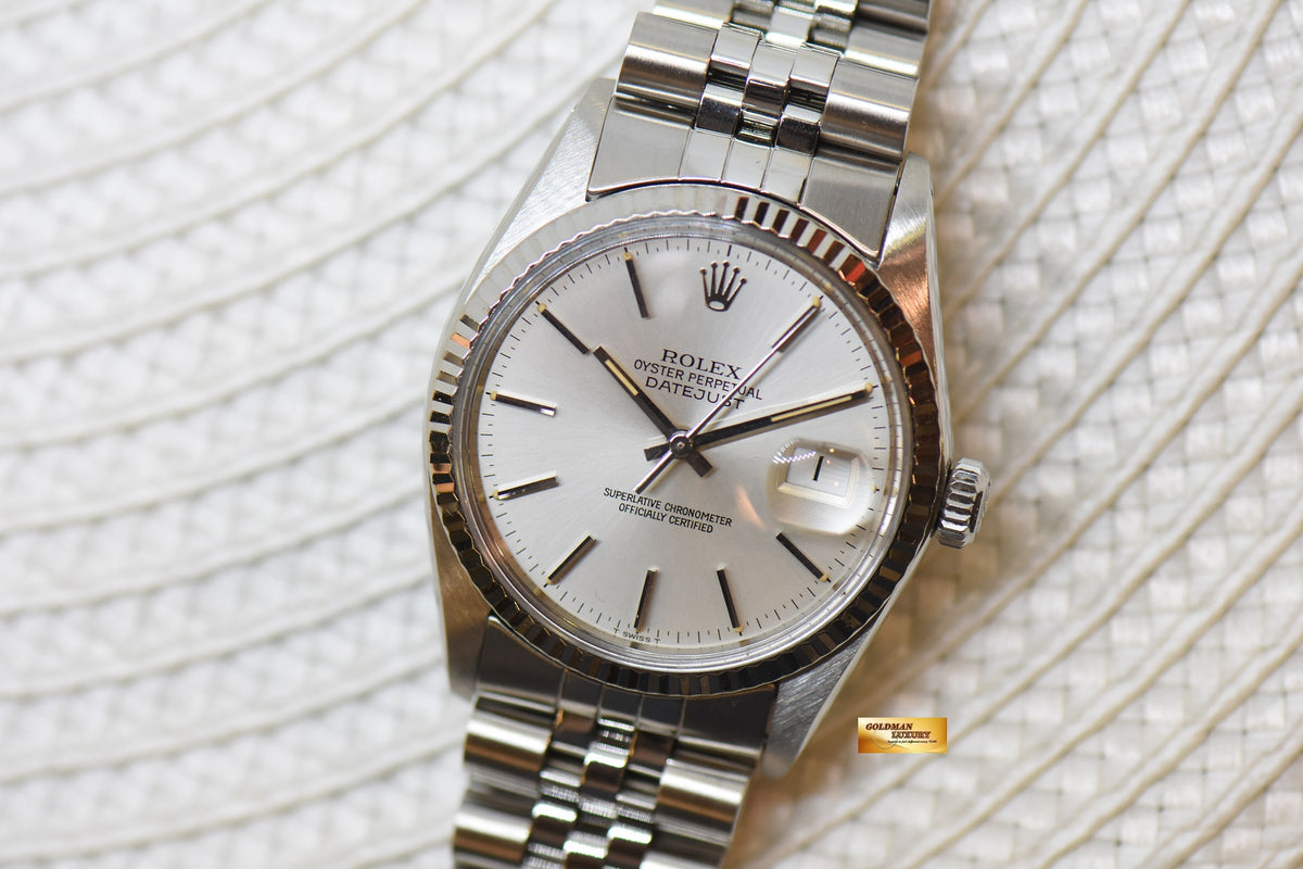 [SOLD] ROLEX OYSTER DATEJUST 36mm STEEL IN JUBILEE SILVER TRITIUM DIAL 16014 (QUICKSET-DIAL) (MINT)