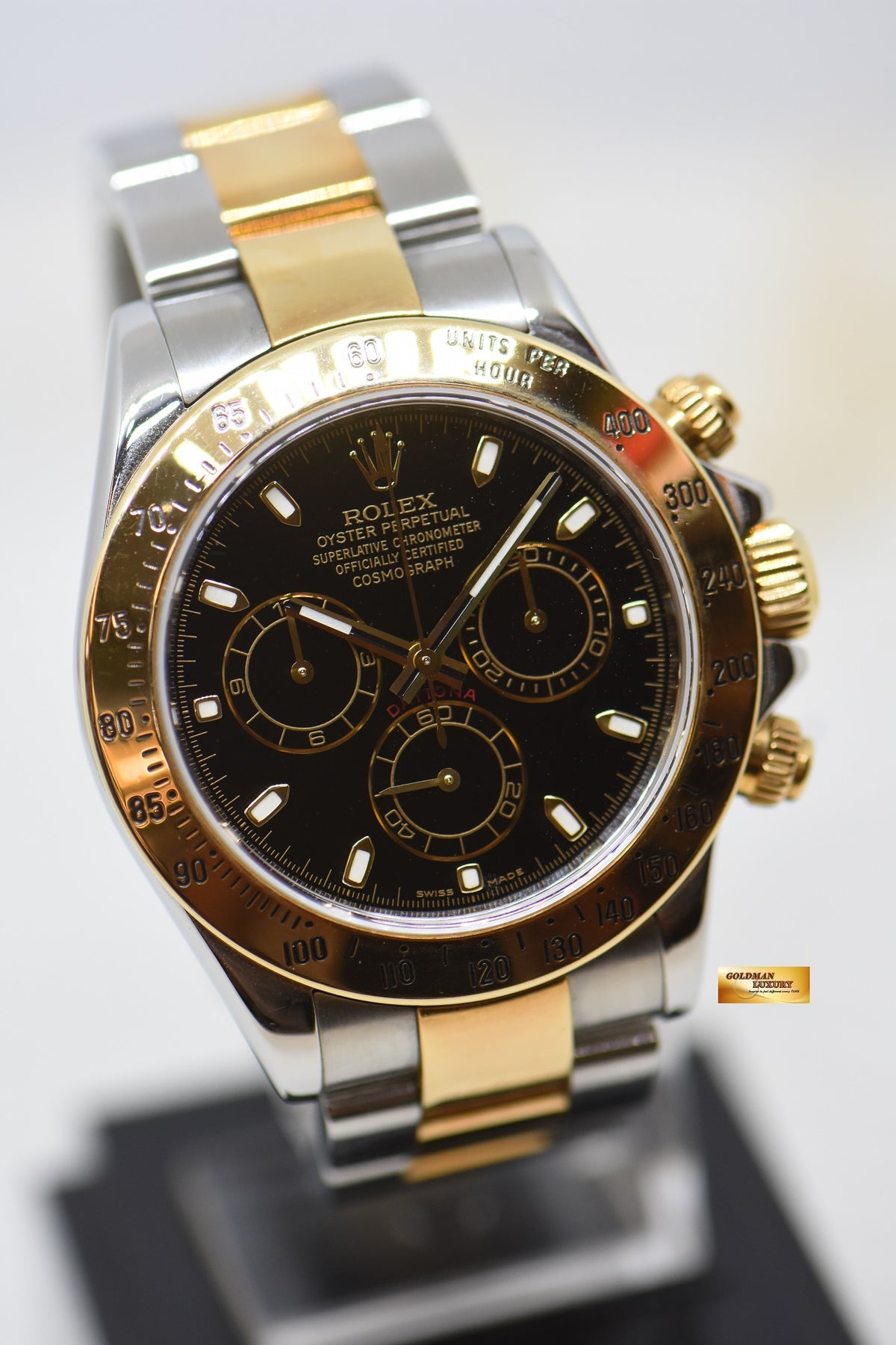 [SOLD] ROLEX OYSTER DAYTONA CHRONOGRAPH 40mm HALF-GOLD IN BRACELET BLACK DIAL 116523 (MINT)