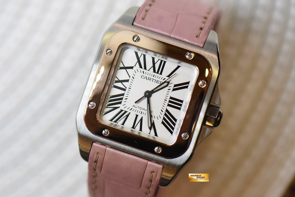 [SOLD] CARTIER SANTOS 100 MIDSIZE HALF-GOLD IN LEATHER STRAP AUTOMATIC 2878 (MINT)