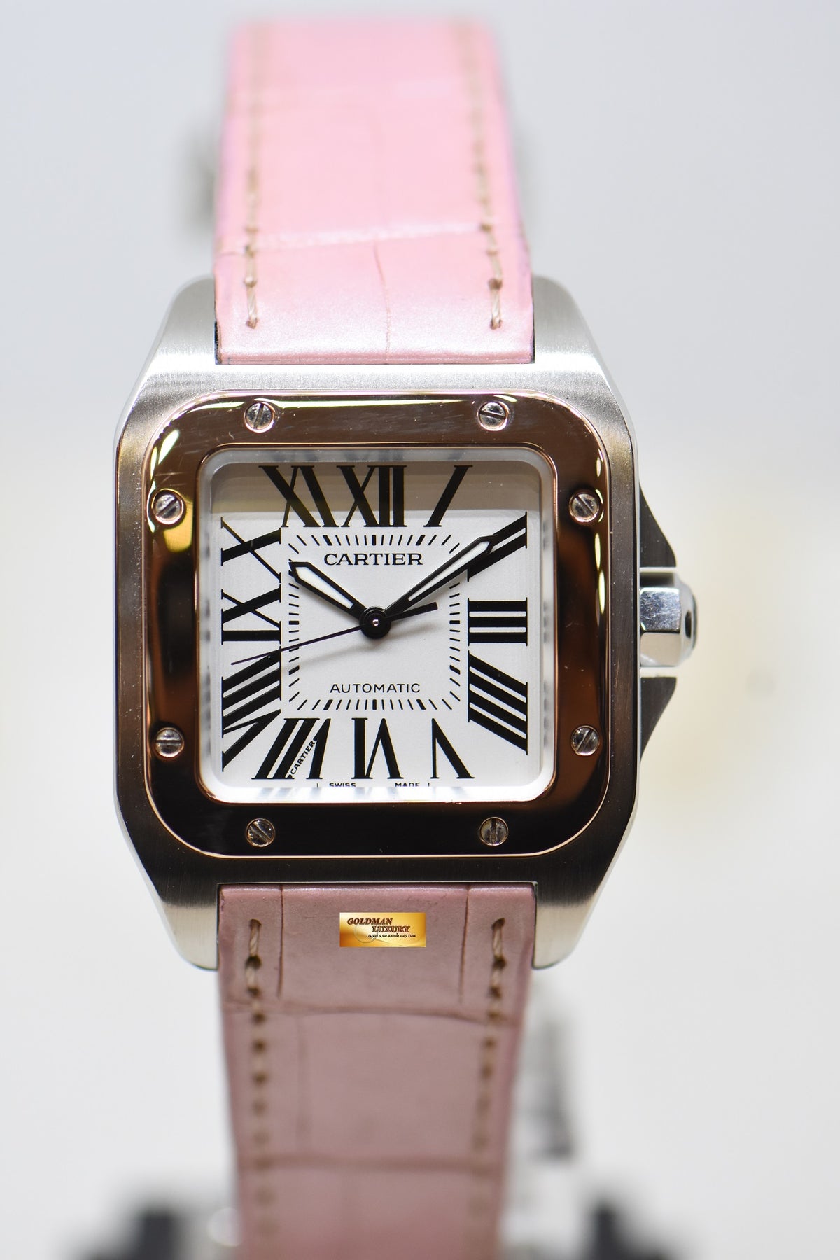 [SOLD] CARTIER SANTOS 100 MIDSIZE HALF-GOLD IN LEATHER STRAP AUTOMATIC 2878 (MINT)