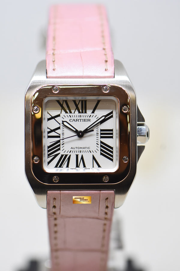 [SOLD] CARTIER SANTOS 100 MIDSIZE HALF-GOLD IN LEATHER STRAP AUTOMATIC 2878 (MINT)