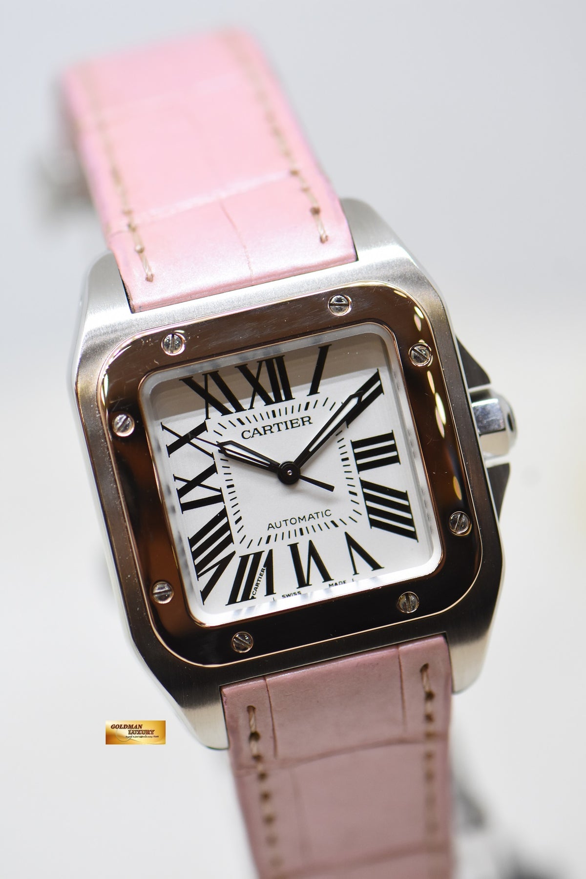 [SOLD] CARTIER SANTOS 100 MIDSIZE HALF-GOLD IN LEATHER STRAP AUTOMATIC 2878 (MINT)