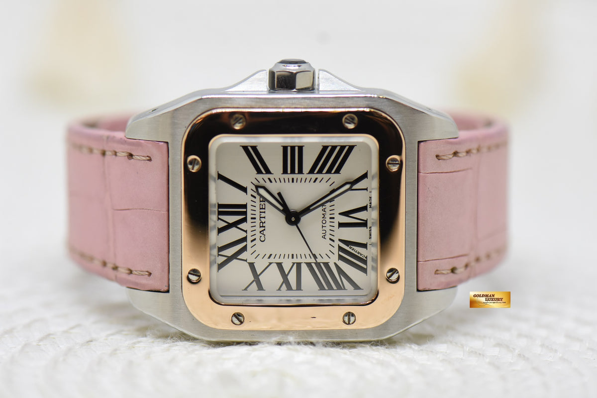 [SOLD] CARTIER SANTOS 100 MIDSIZE HALF-GOLD IN LEATHER STRAP AUTOMATIC 2878 (MINT)
