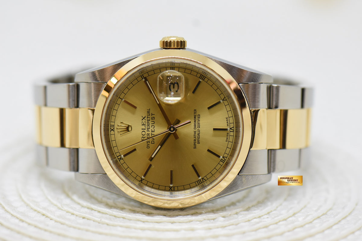 [SOLD] ROLEX OYSTER DATEJUST 36mm HALF-GOLD IN OYSTER BRACELET GOLD DIAL 16203 (MINT)