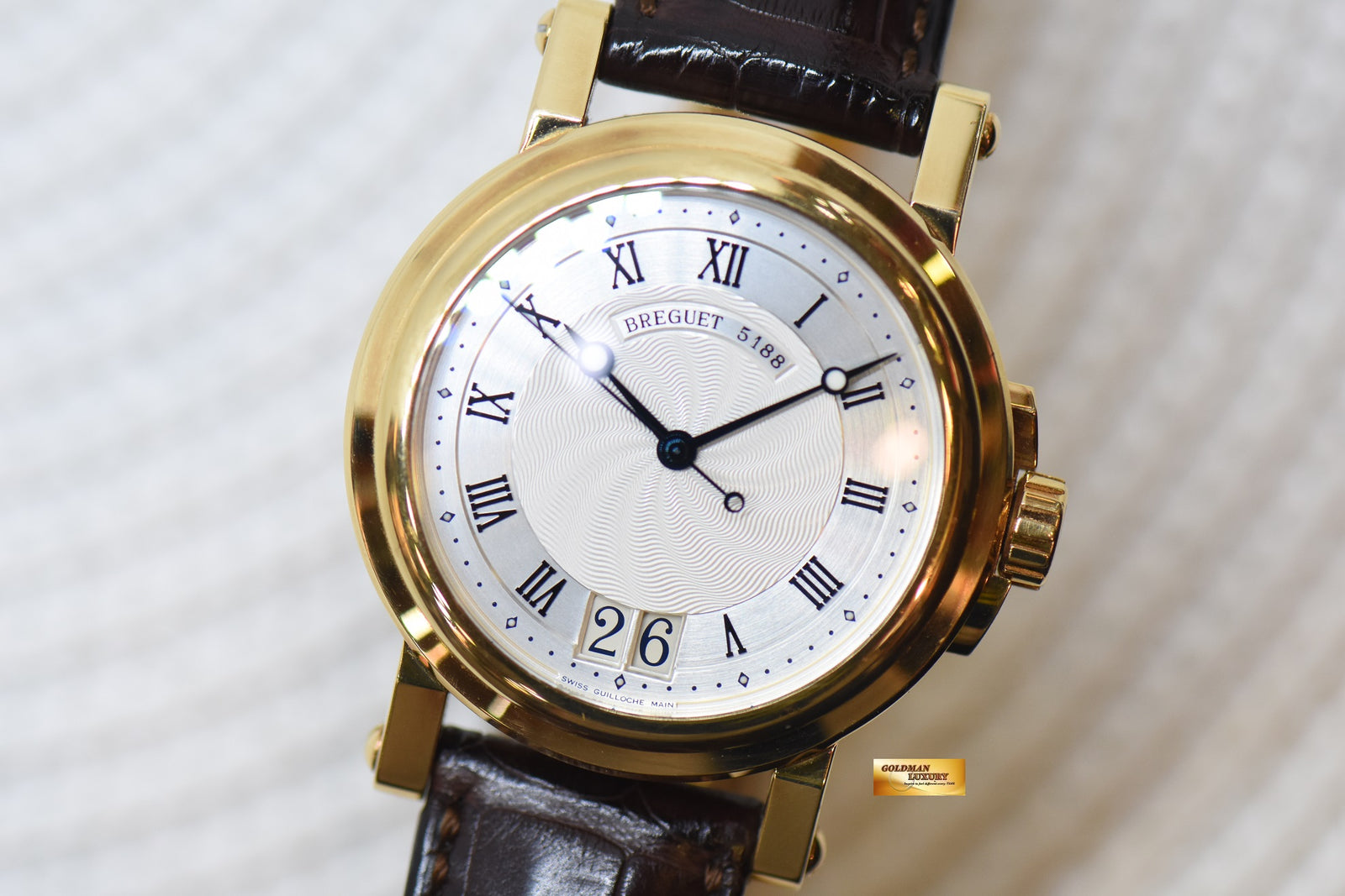 SOLD] BREGUET MARINE BIG DATE 39mm YELLOW GOLD IN LEATHER STRAP 
