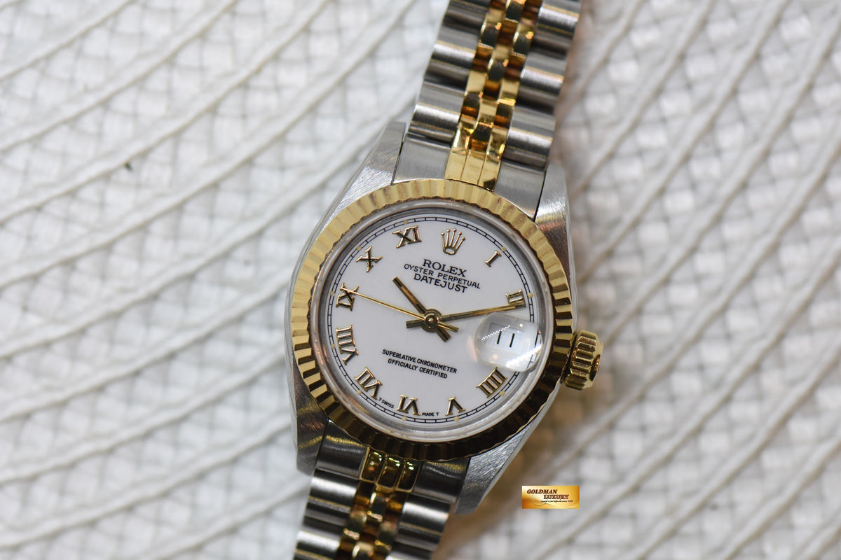 [SOLD] ROLEX OYSTER DATEJUST 26mm HALF-GOLD IN JUBILEE BRACELET WHITE ROMAN DIAL 69173 (MINT)