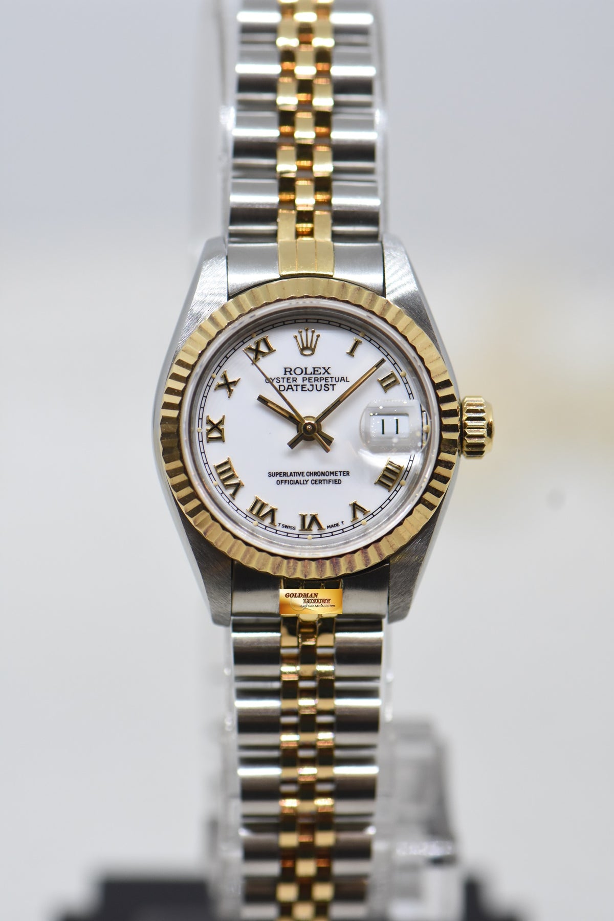 [SOLD] ROLEX OYSTER DATEJUST 26mm HALF-GOLD IN JUBILEE BRACELET WHITE ROMAN DIAL 69173 (MINT)