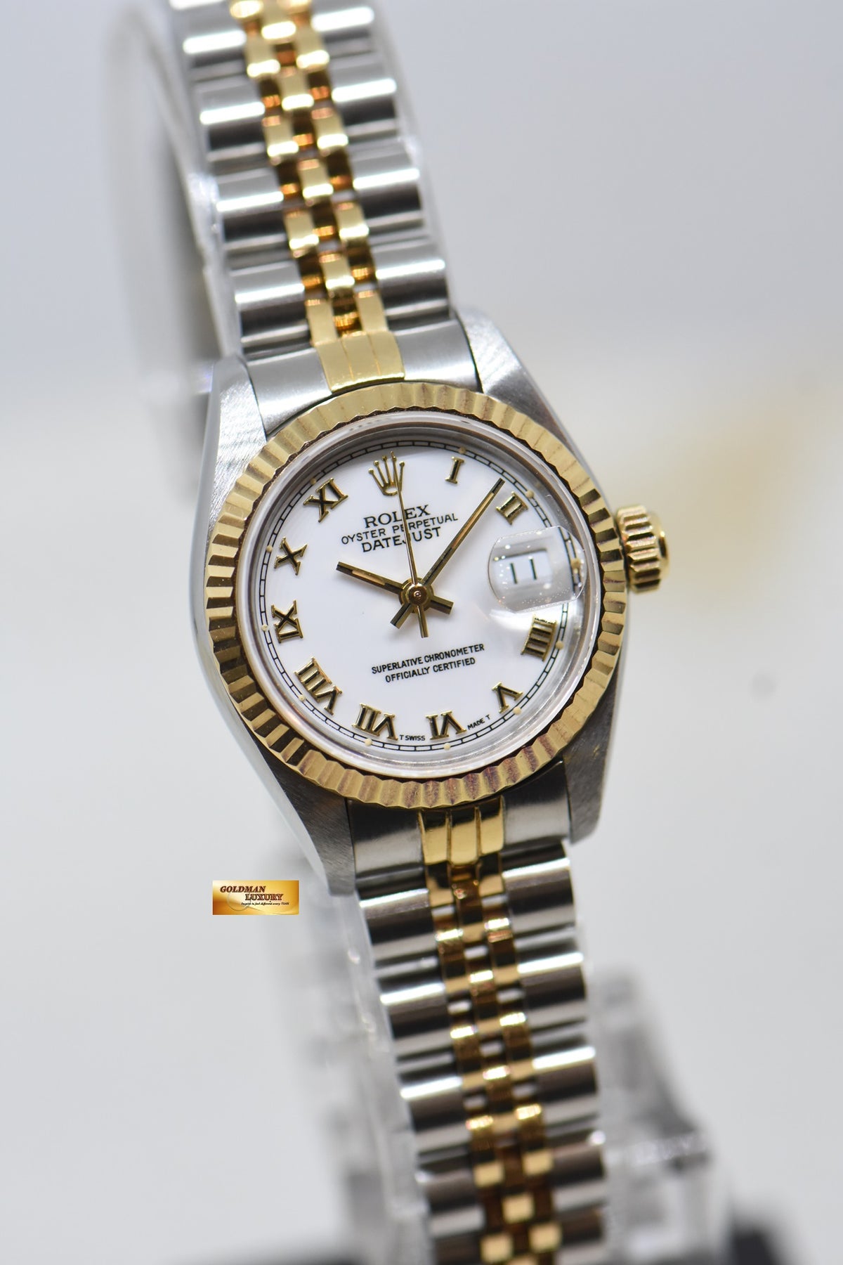 [SOLD] ROLEX OYSTER DATEJUST 26mm HALF-GOLD IN JUBILEE BRACELET WHITE ROMAN DIAL 69173 (MINT)