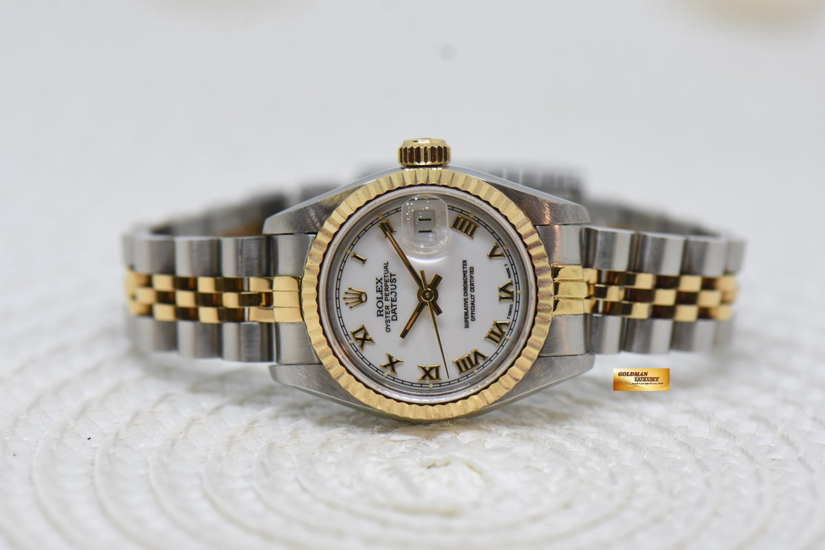 [SOLD] ROLEX OYSTER DATEJUST 26mm HALF-GOLD IN JUBILEE BRACELET WHITE ROMAN DIAL 69173 (MINT)