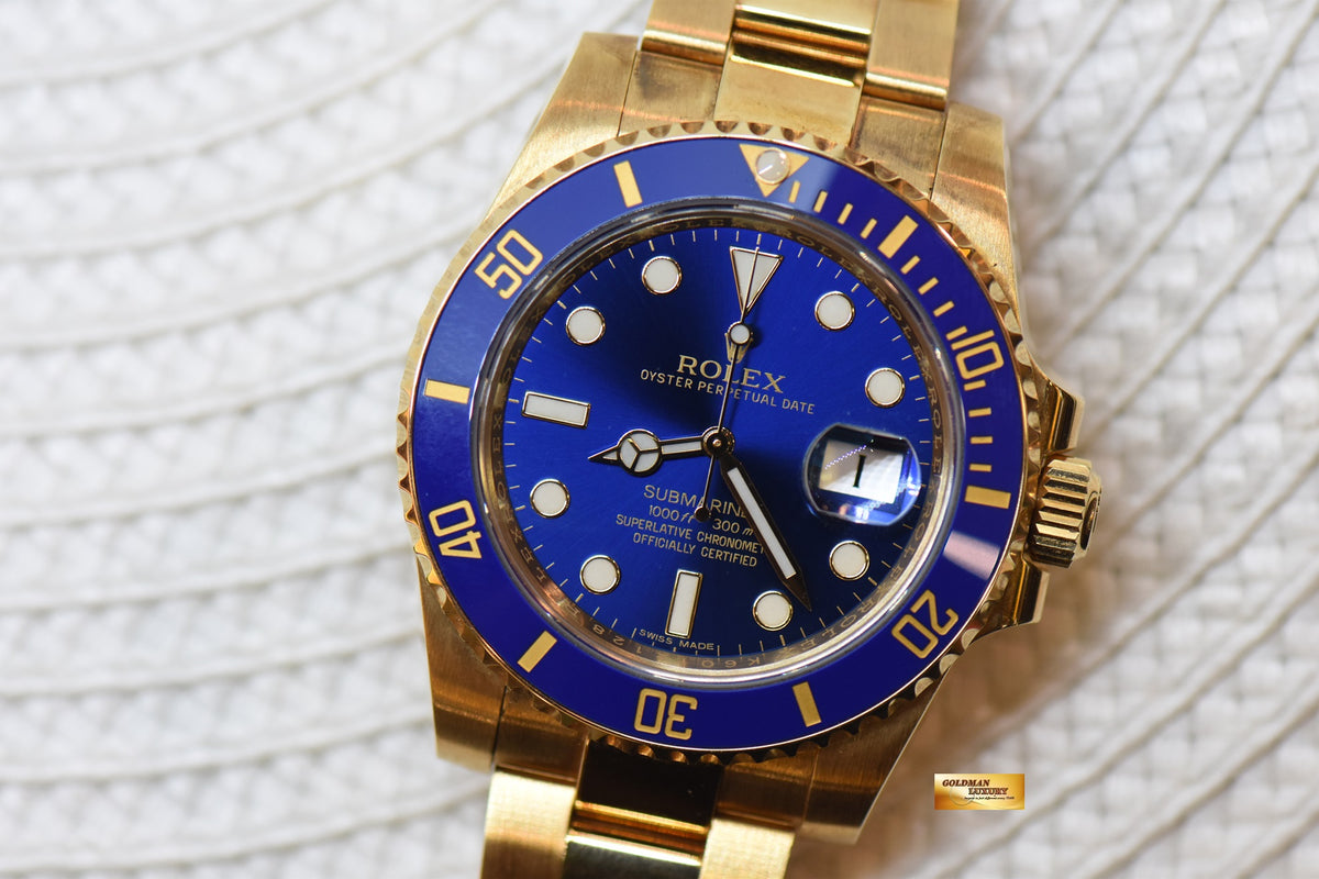 [SOLD] ROLEX SUBMARINER 40mm YELLOW GOLD IN BRACELET BLUE SUNBURST DIAL BLUE CERAMIC BEZEL 116618LB (UNPOLISHED)