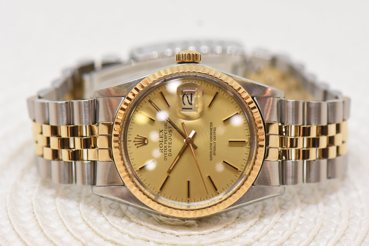[SOLD] ROLEX OYSTER DATEJUST 36mm HALF-GOLD IN JUBILEE BRACELET GOLD DIAL 16013 (QUICKSET-DATE) (VINTAGE)