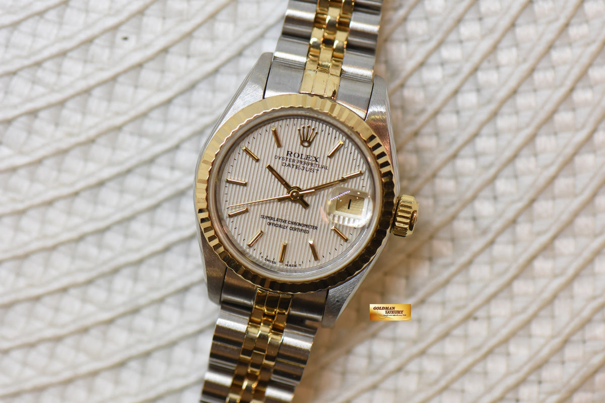 [SOLD] ROLEX OYSTER DATEJUST 26mm HALF-GOLD IN JUBILEE BRACELET WHITE TAPESTRY DIAL 69173 (MINT)
