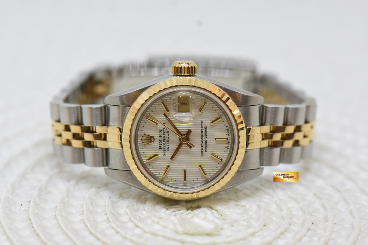 [SOLD] ROLEX OYSTER DATEJUST 26mm HALF-GOLD IN JUBILEE BRACELET WHITE TAPESTRY DIAL 69173 (MINT)