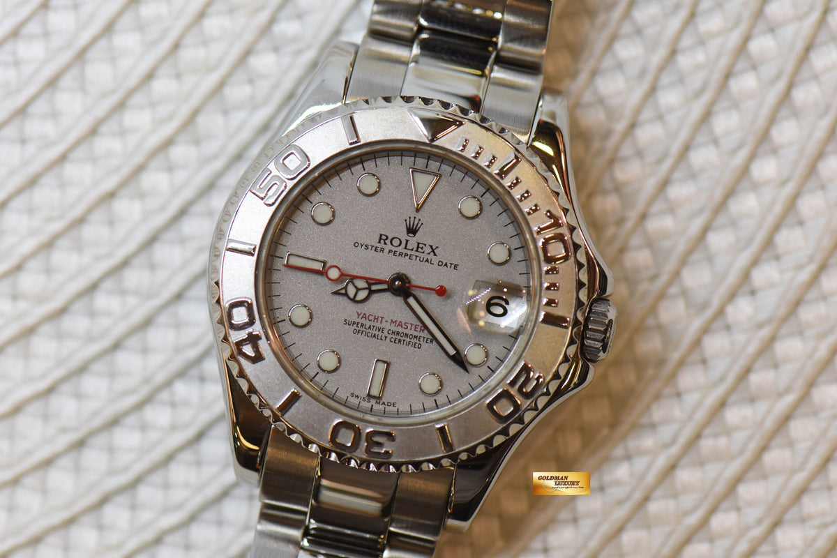 [SOLD] ROLEX OYSTER YACHT-MASTER 35mm LADIES MIDSIZE STEEL IN BRACELET PLATINUM DIAL / BEZEL 168622 (MINT)